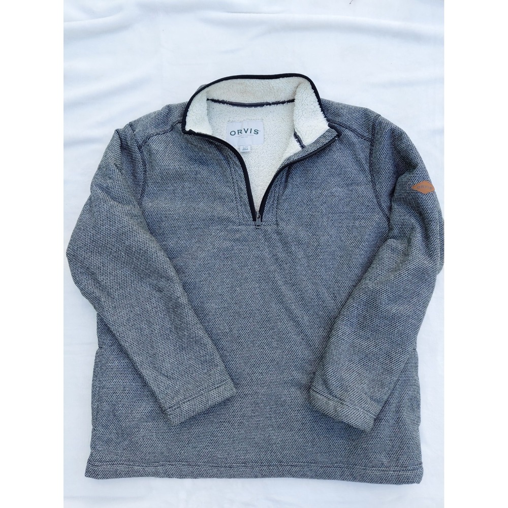Orvis XL Gray Sherpa Lined Mens Pullover 1/4 Zip Mock Neck Sweater MINT Pockets